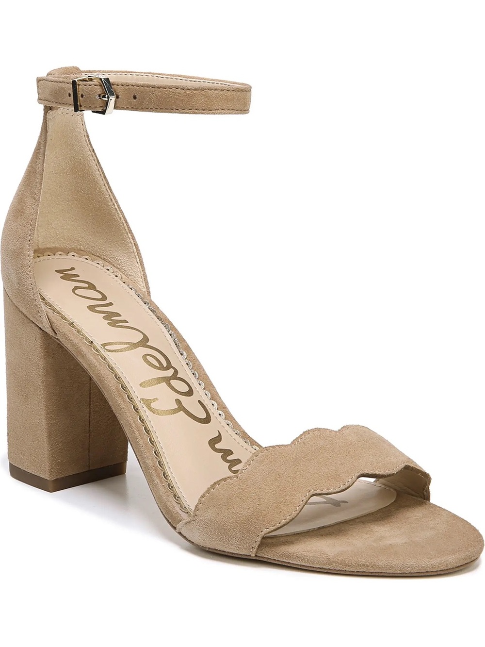 Sam Edelman Tan Suede Scalloped Block Heel Ankle Strap Sandals